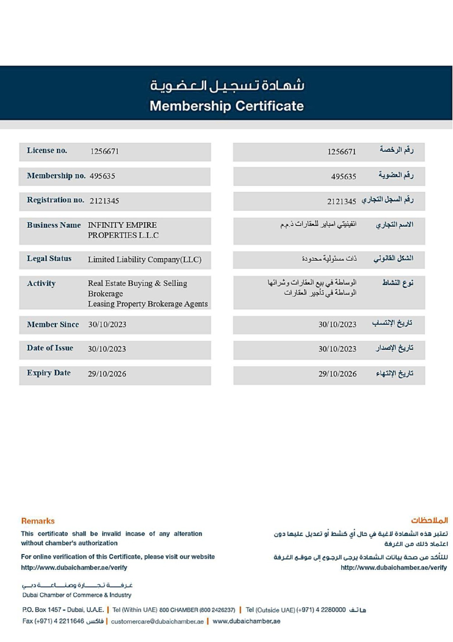 DCC&I Certificate — Infinity Empire