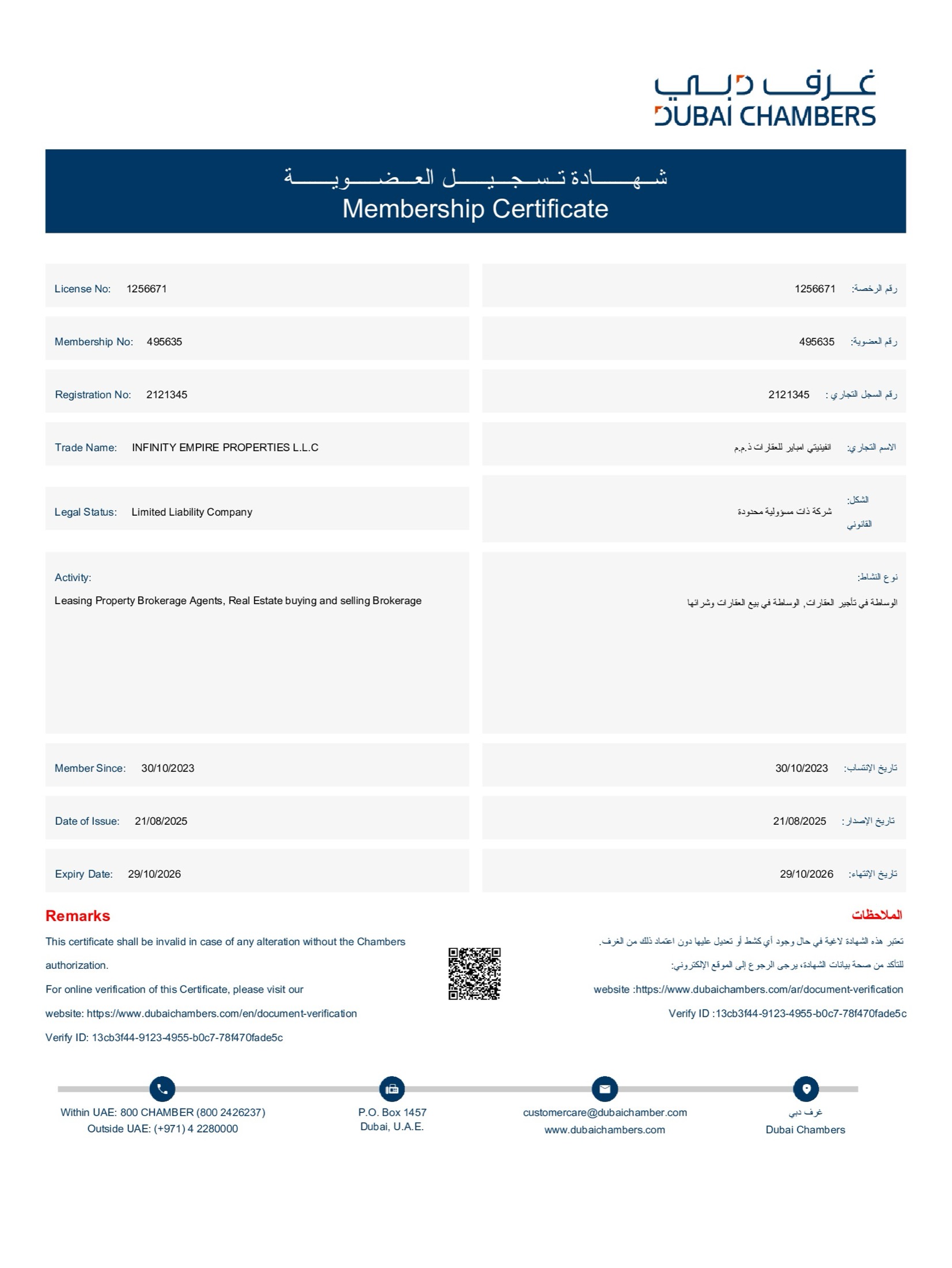 Chamber of Commerce Certificate — Infinity Empire