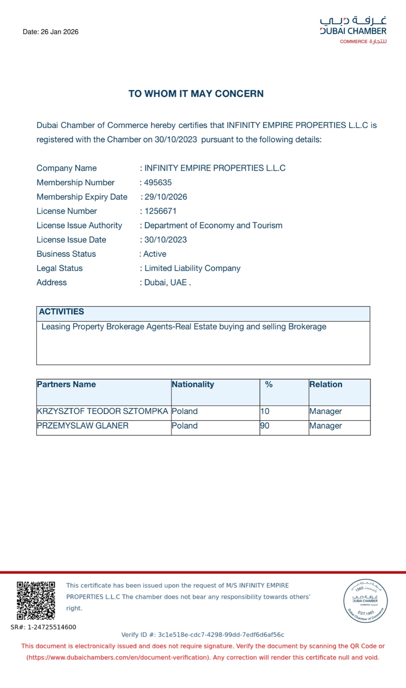 Chamber of Commerce Good Standing — Infinity Empire